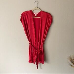 Victoria's Secret Belted Lace Trim Short Sleeve Robe Red M
